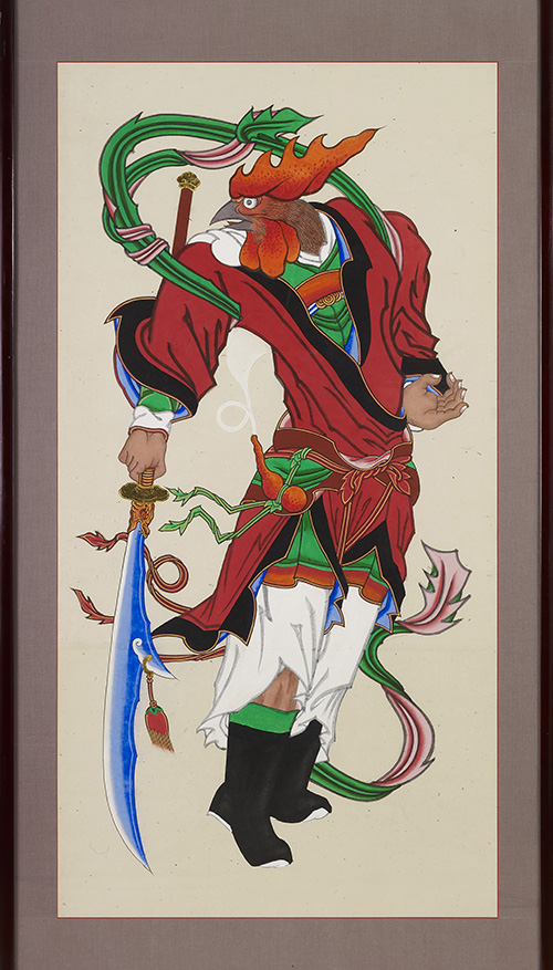 'Painting of Twelve Zodiac Animal Deities -- Rooster' by Buddhist monk Manbong (만봉, 萬奉) (1910-2006) is a portrait of the mythical Mihira, the third of the 12 zodiac generals that serves Bhaisajyaguru, the Buddha of healing and medicine (약사여래, 藥師如來). The general is a rooster.